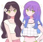  2girls black_hair blue_hair bright_pupils flower gradient_hair green_eyes hair_flower hair_ornament highres looking_at_viewer midriff multicolored_hair multiple_girls navel nokanok original purple_hair shirt short_sleeves signature sparkle white_flower white_pupils white_shirt 