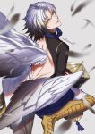  1boy artist_name backless_outfit feathered_wings feathers harpy_boy highres konjiki_(pixiv_fantasia_age_of_starlight) looking_at_viewer looking_back male_focus monster_boy nekomiti pixiv_fantasia pixiv_fantasia_age_of_starlight simple_background solo white_hair white_wings wings yellow_eyes 