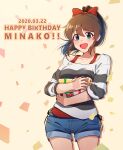  1girl :d bangs blue_eyes blue_shorts bow brown_hair character_name dated denim denim_shorts english_text eyebrows_visible_through_hair facing_viewer gift grey_shirt hair_bow happy_birthday holding holding_gift idolmaster idolmaster_million_live! kamille_(vcx68) layered_clothing long_sleeves looking_at_viewer medium_hair open_mouth ponytail red_bow red_shirt satake_minako shirt short_shorts shorts smile solo standing striped striped_shirt tank_top 