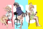  3girls :p alternate_costume animal_ears bare_legs bare_shoulders barefoot blonde_hair blue_hoodie blue_skirt casual cat_ears cat_girl cat_tail chain common_raccoon_(kemono_friends) dress extra_ears eyebrows_visible_through_hair fennec_(kemono_friends) fox_ears fox_girl fox_tail green_dress grey_hair highres hood hood_down hoodie kemono_friends long_sleeves looking_at_viewer multicolored_hair multiple_girls nanana_(nanana_iz) pleated_skirt raccoon_ears raccoon_girl raccoon_tail sailor_collar serval_(kemono_friends) short_hair sitting skirt sleeveless striped striped_dress swimsuit tail tongue tongue_out white_hair white_swimsuit yellow_eyes 