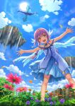  1girl :d absurdres angel_wings braid brown_eyes clouds day dragon dress floating_island flower halterneck highres hirose_yuki long_hair open_mouth original outdoors outstretched_arms petals pink_hair purple_hair smile standing sunlight water waterfall white_wings wings 