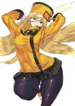  1girl ashiomi_masato black_legwear blonde_hair blue_eyes breasts dress guilty_gear guilty_gear_xrd hat long_hair long_sleeves looking_at_viewer millia_rage pantyhose simple_background solo very_long_hair white_background 