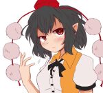  1girl bad_hands black_hair black_ribbon blush breasts closed_mouth collared_shirt hat looking_at_viewer one-hour_drawing_challenge pointy_ears pom_pom_(clothes) red_eyes ribbon shameimaru_aya shirt simple_background small_breasts tengu tokin_hat touhou unfinished upper_body white_background white_shirt yasui_nori 