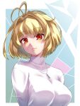  1girl antenna_hair arcueid_brunestud bangs blonde_hair blush breasts closed_mouth commentary_request fang head_tilt highres jewelry kirimoto_takamitsu large_breasts long_sleeves looking_at_viewer necklace red_eyes short_hair sidelocks smile solo standing sweater tsukihime tsukihime_(remake) turtleneck turtleneck_sweater upper_body white_sweater 
