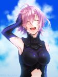  1girl :d ^_^ absurdres armpits black_gloves blue_sky blurry blurry_background breasts breasts_apart bruise bruise_on_face closed_eyes clothing_cutout clouds elbow_gloves facing_viewer fate/grand_order fate_(series) gloves hand_in_hair highres injury large_breasts mash_kyrielight no_no_suke open_mouth pink_hair purple_gloves shiny shiny_hair short_hair sky smile solo stomach_cutout two-tone_gloves upper_body 