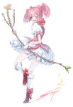  1girl bow bow_(weapon) commentary_request dress finger_to_mouth frilled_legwear from_side full_body gloves hair_bow high_heels highres holding holding_bow_(weapon) holding_weapon kaname_madoka kneehighs long_hair looking_at_viewer looking_to_the_side magical_girl mahou_shoujo_madoka_magica nanaponi one_eye_closed petticoat pink_bow pink_dress pink_eyes pink_footwear pink_hair puffy_short_sleeves puffy_sleeves short_sleeves simple_background skirt smile solo standing standing_on_one_leg twintails weapon white_background white_gloves white_legwear white_skirt 