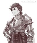  1boy alternate_costume armor bangs breastplate brown_eyes brown_hair closed_mouth commentary copyright_name english_commentary gauntlets hand_on_hip kazuko_(towa) male_focus pokemon pokemon_(game) pokemon_swsh short_hair shoulder_plates smile solo split_mouth strap victor_(pokemon) 