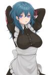  1girl absurdres alternate_costume apron arms_up bangs banned_artist black_dress blue_eyes blue_hair breasts byleth_(fire_emblem) byleth_eisner_(female) commentary_request dress enmaided fire_emblem fire_emblem:_three_houses frilled_apron frills hair_between_eyes highres juliet_sleeves large_breasts long_hair long_sleeves looking_at_viewer maid maid_apron partial_commentary puffy_sleeves shimizu_akina simple_background solo upper_body waist_apron white_apron white_background 