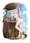  1girl absurdres ahoge alpha_transparency arm_up ass back bangle bare_legs bare_shoulders blue_eyes bow bracelet breasts counter_side cup drinking_glass earrings from_behind full_body hair_bow highres huge_filesize jewelry large_breasts leaning_forward long_hair looking_at_viewer looking_back official_art one-piece_swimsuit ponytail sandals sarong see-through serena_crew_(counter_side) sign smile solo standing stool swimsuit thigh_strap transparent_background two-tone_swimsuit very_long_hair white_hair 
