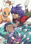  2boys blush bright_pupils buttons character_print charmander closed_eyes closed_mouth dark-skinned_male dark_skin eyelashes frown gen_1_pokemon gen_5_pokemon gen_8_pokemon green_shorts highres hop_(pokemon) komame_(st_beans) long_sleeves lying male_focus multiple_boys on_back on_stomach pillow pokemon pokemon_(game) pokemon_swsh poking purple_hair purrloin red_shirt shirt short_hair shorts socks thought_bubble under_covers undershirt victor_(pokemon) white_legwear white_pupils wooloo younger 