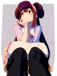  1girl bangs black_legwear blue_eyes blush bright_pupils brown_hair cellphone closed_mouth commentary_request dev_(dev0614) double_bun from_below hand_up head_rest holding holding_phone knees legwear_under_shorts long_hair looking_to_the_side pantyhose phone pokemon pokemon_(game) pokemon_bw2 raglan_sleeves rosa_(pokemon) shorts solo twintails visor_cap white_pupils yellow_shorts 