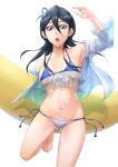  1girl absurdres armpits bikini black_hair bleach blue_eyes blush breasts hair_between_eyes highres kuchiki_rukia looking_at_viewer midriff navel open_mouth sakuya_(liao_kj) see-through short_hair simple_background small_breasts solo surfboard swimsuit white_background 