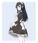  1girl alternate_costume apron asashio_(kancolle) black_dress black_hair blue_eyes border commentary_request cowboy_shot dress enmaided frilled_apron frills highres kantai_collection long_hair looking_at_viewer maid maid_apron maid_headdress mochizou solo standing thigh-highs two-tone_background white_apron white_border white_legwear 
