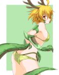  1girl ass bangs bikini blonde_hair border breasts claws closed_mouth dragon_girl dragon_horns dragon_tail eyebrows_visible_through_hair floral_print g_(genesis1556) green_background green_bikini highres horns looking_at_viewer looking_back medium_breasts monster_girl orange_eyes original sideboob simple_background solo standing swimsuit tail white_border 