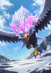  bird blue_eyes clouds commentary_request day flying highres hisuian_braviary hisuian_form no_humans open_mouth outdoors pokemon pokemon_(creature) sky snow solo talons tesshii_(riza4828) tongue white_fur 
