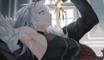  1girl animal_ears armpits blurry blurry_background breasts couch fur-trimmed_jacket fur_trim grey_eyes grey_hair highres hololive jacket kuroi_enpitsu large_breasts lion_ears pendant_removed shishiro_botan virtual_youtuber 