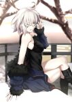  1girl absurdres bangs bare_shoulders black_dress black_footwear blue_coat boots breasts coat collarbone crossed_legs dress fate/grand_order fate_(series) foo_(pixiv54892036) fur-trimmed_coat fur_trim glasses highres jeanne_d&#039;arc_(alter)_(fate) jeanne_d&#039;arc_(fate)_(all) knee_boots large_breasts long_sleeves looking_at_viewer off_shoulder one_eye_closed open_clothes open_coat short_dress short_hair silver_hair sitting smile thighs wicked_dragon_witch_ver._shinjuku_1999 yellow_eyes 