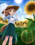  1girl absurdres akinakesu-chan animal_ears arms_up blonde_hair blue_sky blurry blurry_background blush breasts brown_headwear closed_mouth clouds collared_shirt commentary_request day depth_of_field dress_shirt field flower flower_field green_eyes green_skirt hands_on_headwear hat highres long_hair long_sleeves looking_at_viewer original outdoors shirt skirt sky small_breasts smile solo standing straw_hat sunflower tail white_shirt yellow_flower 
