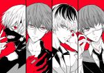  4boys awara_kayu bangs black_reaper black_shirt collarbone collared_shirt commentary_request eyepatch glasses gloves hand_up heterochromia kaneki_ken mask mouth_mask multicolored_hair multiple_boys necktie red_background red_gloves red_theme sasaki_haise shirt short_hair simple_background tokyo_ghoul tokyo_ghoul:re two-tone_hair upper_body 