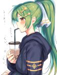  1girl bangs blue_hoodie blush breasts brown_eyes bubble_tea bubble_tea_challenge commentary_request cup drinking_straw eyebrows_visible_through_hair from_side gabriel_(monster_strike) green_hair hair_ornament hairclip highres hood hood_down hoodie long_hair long_sleeves medium_breasts monster_strike ponytail sasamaruko simple_background solo star_(symbol) star_hair_ornament sweatdrop translation_request upper_body very_long_hair white_background 