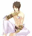  1boy asymmetrical_hair bangs barefoot belt black_belt black_eyes black_gloves black_hair closed_mouth commentary_request emblem foot_out_of_frame gauntlets gloves hair_between_eyes jewelry looking_at_viewer male_focus mit_(necomit) necklace no_nipples pants ragnarok_online shirtless short_hair shura_(ragnarok_online) simple_background sitting smile solo white_background white_pants 