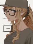  1girl airpods aqua_eyes bespectacled black-framed_eyewear blonde_hair collarbone from_side glasses grey_headwear grey_scrunchie grey_shirt hair_ornament hair_scrunchie idolmaster idolmaster_cinderella_girls looking_at_viewer ohtsuki_yui ponytail sawarakajin scrunchie shirt simple_background solo upper_body white_background 