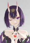  1girl breasts fang fate/grand_order fate_(series) heart heart_hands highres horns jewelry makeup one_eye_closed oni oni_horns purple_hair revealing_clothes short_hair shuten_douji_(fate) simple_background skin-covered_horns small_breasts violet_eyes yeyuanqianqianqian 