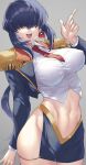  1990s_(style) 1girl breasts collared_shirt covered_nipples dark_blue_hair earrings hair_over_eyes highres jewelry large_breasts luchs midriff murata_tefu navel necktie retro_artstyle saber_marionette_j shirt skirt solo 