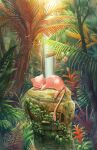  artist_name closed_eyes commentary_request cutiefly day flying gen_1_pokemon gen_7_pokemon highres leaf lying mei_ford mew moss mythical_pokemon no_humans outdoors plant pokemon pokemon_(creature) sleeping toes water waterfall 