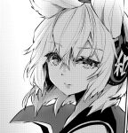  1girl bangs bare_shoulders cape closed_mouth collarbone earmuffs expressionless eyebrows_visible_through_hair face from_side greyscale hair_between_eyes lips medium_hair monochrome pointy_hair portrait simple_background solo syuri22 touhou toyosatomimi_no_miko 