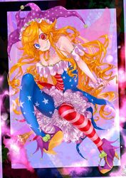  1girl absurdres adapted_costume american_flag american_flag_dress american_flag_legwear bare_shoulders bifrst blonde_hair blue_eyes clownpiece commentary_request crazy crazy_smile dress fairy fairy_wings fire flat_chest frilled_dress frills full_body grin hat heterochromia highres jester_cap long_hair looking_at_viewer nail_polish off-shoulder_dress off_shoulder pantyhose pink_fire pointy_footwear polka_dot polka_dot_headwear purple_background purple_footwear purple_headwear red_eyes sharp_teeth shoes sitting smile solo strapless strapless_dress teeth torch touhou wings wrist_cuffs 