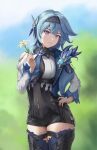  1girl bangs black_legwear black_leotard blue_hair blurry cape commentary_request depth_of_field eula_(genshin_impact) eyebrows_visible_through_hair flower genshin_impact grey_eyes hair_between_eyes hair_ornament hairband hand_on_hip head_tilt highres holding holding_flower leotard long_hair long_sleeves looking_at_viewer necktie sidelocks smile solo stormstx thigh-highs vision_(genshin_impact) zettai_ryouiki 