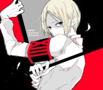  1boy arm_up awara_kayu bangs black_armband black_background black_eyes blonde_hair character_name from_side grey_background hand_up happy_birthday holding holding_knife knife long_sleeves looking_at_viewer male_focus nakarai_keijin pale_skin red_armband red_background short_hair simple_background solo tokyo_ghoul tokyo_ghoul:re weapon 