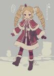  1girl absurdres beatrice_(re:zero) blonde_hair blue_eyes blush boots bow brown_bow brown_footwear capelet commentary_request crown dress drill_hair earmuffs full_body fur-trimmed_capelet fur-trimmed_dress fur_trim highres iwamushi long_hair long_sleeves looking_down mini_crown mittens pantyhose re:zero_kara_hajimeru_isekai_seikatsu red_capelet red_dress sidelocks solo standing striped striped_legwear symbol-shaped_pupils translation_request twin_drills twintails 