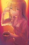  1girl ahoge artoria_pendragon_(fate) blonde_hair blue_eyes blush boa_(brianoa) breasts closed_mouth cup fate/stay_night fate_(series) hair_between_eyes hand_up highres holding holding_cup long_hair looking_at_viewer messy_hair mug panties red_theme saber shirt short_sleeves sleepy small_breasts solo underwear waking_up white_shirt wing_collar 