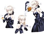  1girl absurdres anger_vein artoria_pendragon_(fate) bangs bare_shoulders black_dress black_gloves black_ribbon blonde_hair braid breasts burger collarbone dress eating elbow_gloves fate/stay_night fate_(series) foo_(pixiv54892036) food fou_(fate) french_braid gloves hair_bun hair_ribbon highres long_hair looking_at_viewer medium_breasts multiple_views plate pudding ribbon saber_alter sidelocks sparkle spoken_anger_vein yellow_eyes 