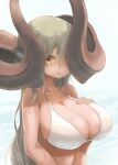  159cm 1girl animal_ears bikini breasts curled_horns fingernails glan_(159cm) grey_hair hand_on_own_chest highres horns huge_horns large_breasts long_hair looking_at_viewer ocean one_eye_covered original parted_lips solo swimsuit upper_body wet white_bikini yellow_eyes 