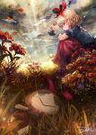  2girls black_shirt blonde_hair blue_eyes clouds cloudy_sky crossed_arms day doll dqn_(dqnww) field flower flower_field flying from_below from_side frown grass hair_ribbon hand_on_own_elbow hugging_own_legs knees_to_chest light_particles light_rays lily_of_the_valley looking_at_another medicine_melancholy multiple_girls on_ground outdoors petals puffy_short_sleeves puffy_sleeves red_skirt ribbon shirt short_hair short_sleeves signature sitting skirt sky su-san sunbeam sunlight touhou water_drop wind wings 