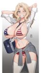  1girl american_flag_bikini between_breasts bikini black_neckwear blonde_hair blue_eyes breasts clothes_around_waist cowboy_shot flag_print girls_und_panzer hair_intakes handplug highres jacket jacket_around_waist kay_(girls_und_panzer) large_breasts long_hair microskirt necktie necktie_between_breasts one_eye_closed pleated_skirt red_skirt shirt skirt solo standing swimsuit swimsuit_under_clothes thigh-highs tied_shirt white_legwear white_shirt 