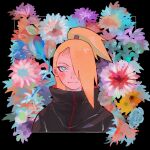  1boy akatsuki_(naruto) blonde_hair blue_eyes cloak deidara_(naruto) floral_background flower highres long_hair naruto naruto_(series) one_eye_covered ponytail solo user_knut7534 