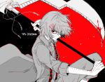  1boy awara_kayu bangs black_background blood blood_on_weapon commentary_request hair_ornament hairclip hand_up holding holding_scythe jacket long_sleeves looking_at_viewer male_focus pants red_background roman_numeral scythe shirt short_hair smile solo stitches suspenders suzuya_juuzou tokyo_ghoul tokyo_ghoul:re weapon x_hair_ornament 