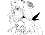  1girl ? ahoge animal_ears bangs bow braid breasts detached_sleeves earrings eyebrows_visible_through_hair fox_ears fox_girl greyscale hair_between_eyes hair_bow hololive hood hoodie jewelry kurose_kousuke long_hair looking_at_viewer looking_back low_ponytail monochrome neckerchief shirakami_fubuki sidelocks simple_background single_braid small_breasts solo spoken_question_mark symbol-only_commentary upper_body virtual_youtuber white_background 