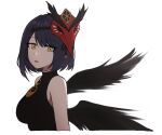  1girl adapted_costume alternate_costume bangs black_bodysuit black_hair black_wings bodysuit commentary_request eyebrows_visible_through_hair genshin_impact highres kujou_sara lix looking_at_viewer mask mask_on_head parted_lips short_hair sidelocks simple_background sketch solo tengu_mask white_background wings yellow_eyes 