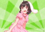 1girl absurdres animal_ears bangs black_hair carrot_necklace commentary dress eyebrows_visible_through_hair green_background hair_between_eyes highres huge_filesize inaba_tewi looking_at_viewer open_mouth pink_dress puffy_short_sleeves puffy_sleeves rabbit_ears rabbit_tail red_eyes short_hair short_sleeves sitting smile solo tail touhou zanasta0810 