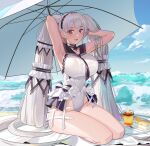  1girl absurdly_long_hair adapted_costume armpits arms_behind_head azur_lane beach_umbrella black_choker black_sailor_collar blue_sky breasts cake cake_slice choker covered_navel food formidable_(azur_lane) formidable_(timeless_classics)_(azur_lane) hair_ornament highres huge_breasts kibawa long_hair looking_at_viewer official_alternate_costume one-piece_swimsuit open_mouth red_eyes sailor_collar silver_hair sky solo swimsuit twintails two-tone_ribbon umbrella veil very_long_hair water waves 