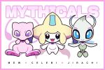  absurdres artsy-rc border celebi character_name closed_mouth commentary english_commentary gen_1_pokemon gen_2_pokemon gen_3_pokemon highres jirachi looking_at_viewer mew mythical_pokemon no_humans pink_border pokemon pokemon_(creature) smile 
