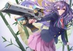  1girl animal_ears asllapistone bamboo bamboo_forest bangs blazer forest gun hair_between_eyes highres holding holding_gun holding_weapon jacket light_purple_hair long_hair long_sleeves looking_to_the_side moon nature necktie pink_skirt rabbit_ears red_eyes red_neckwear redhead reisen_udongein_inaba serious skirt solo swept_bangs touhou weapon 