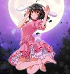  1girl ahoge animal_ears bare_legs barefoot black_hair bloomers blush breasts carrot carrot_necklace feet floppy_ears frilled_sleeves frills full_body inaba_tewi jewelry moon okawa_friend pendant pink_shirt pink_skirt puffy_short_sleeves puffy_sleeves rabbit_ears rabbit_girl rabbit_tail red_eyes shirt short_hair short_sleeves skirt small_breasts soles tail touhou underwear wavy_hair 