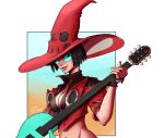  1girl absurdres black_hair choker electric_guitar gloves guilty_gear guilty_gear_strive guitar hat highres i-no instrument jacket red_headwear short_hair sunglasses witch_hat 