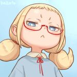  1girl :&lt; artist_name blonde_hair blue_background blue_eyes child commentary_request from_below glasses kozato_(yu_kozato) looking_at_viewer low_twintails neck_ribbon original ribbon short_twintails simple_background solo twintails 